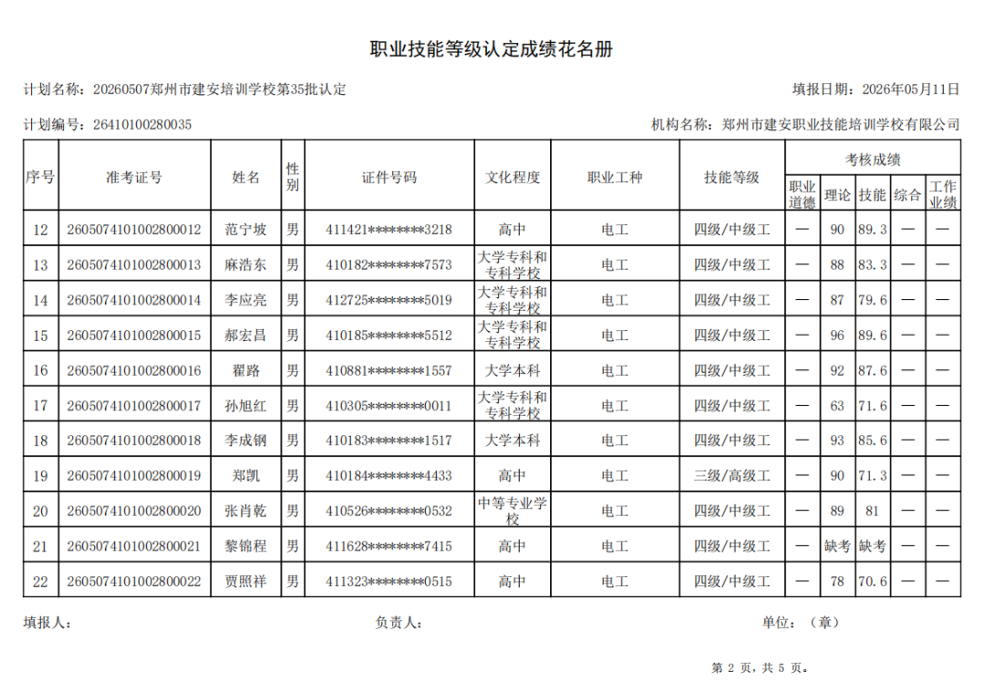 建安职业技能培训学校-2026年第35批职业技能等级认定考试成绩公示(图2)
