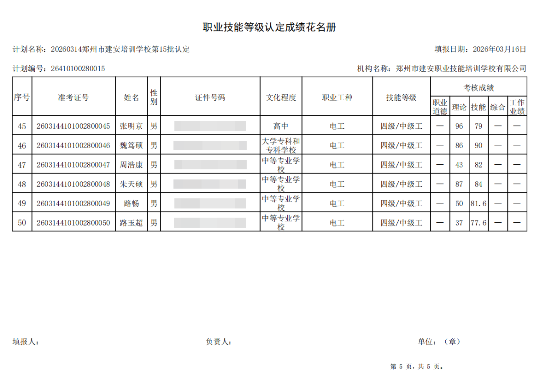 建安职业技能培训学校-2026年第15批职业技能等级认定考试成绩公示(图5)