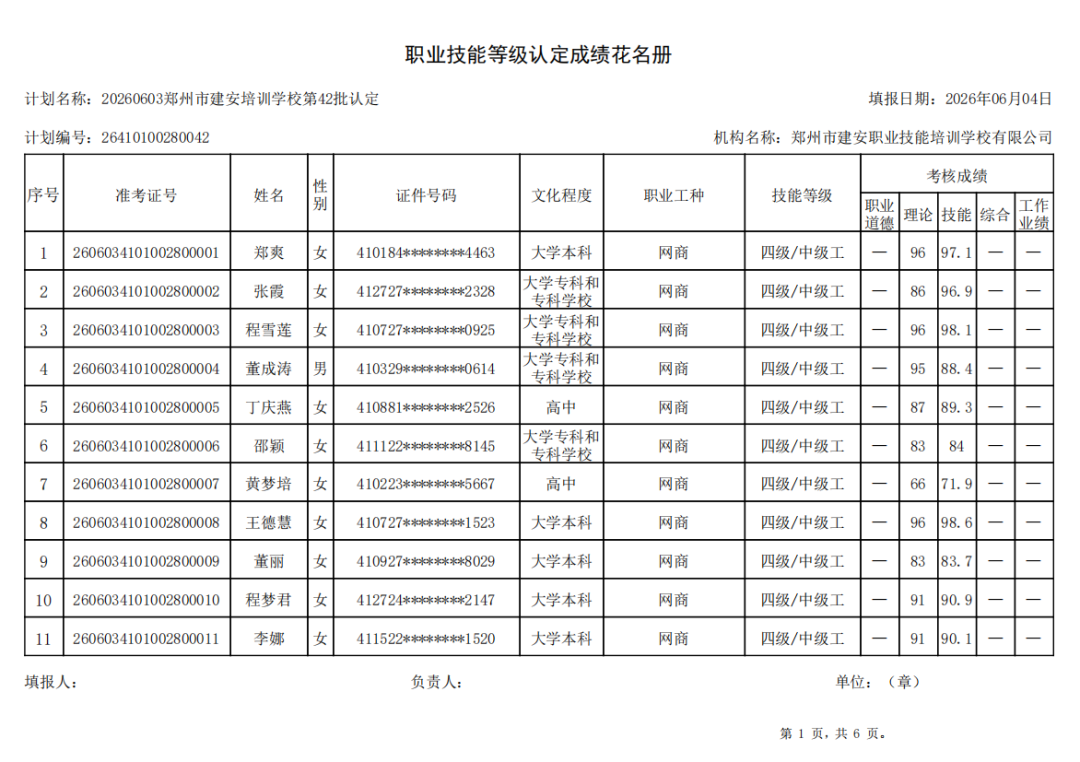 建安职业技能培训学校-2026年第42批职业技能等级认定考试成绩公示（图1）
