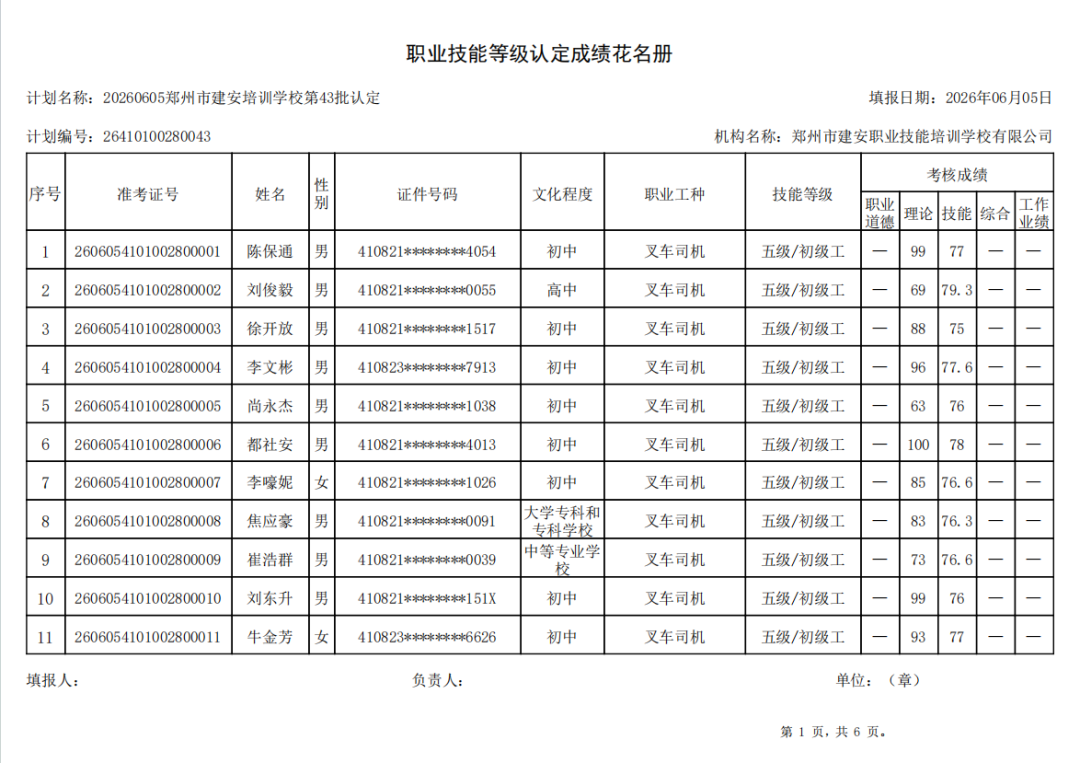 建安职业技能培训学校-2026年第43批职业技能等级认定考试成绩公示(图1)