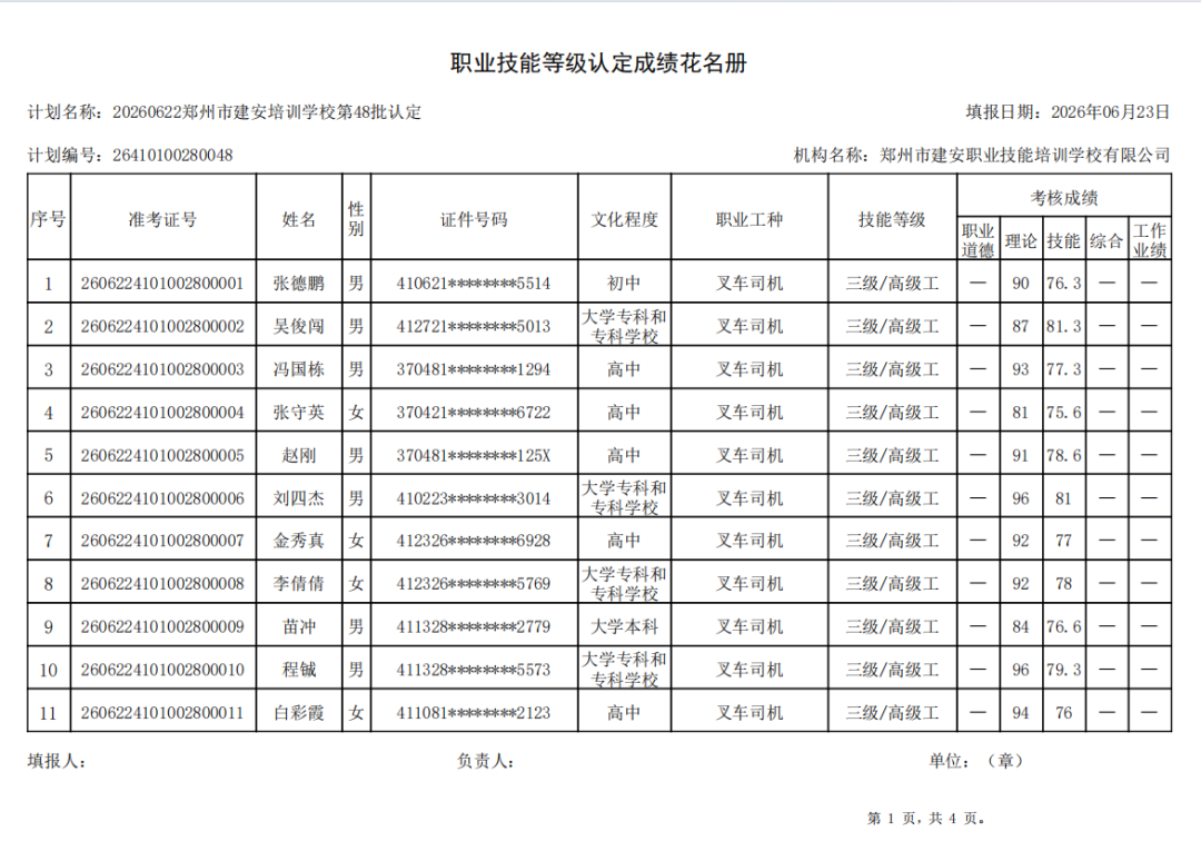 建安职业技能培训学校-2026年第48批职业技能等级认定考试成绩公示(图1)