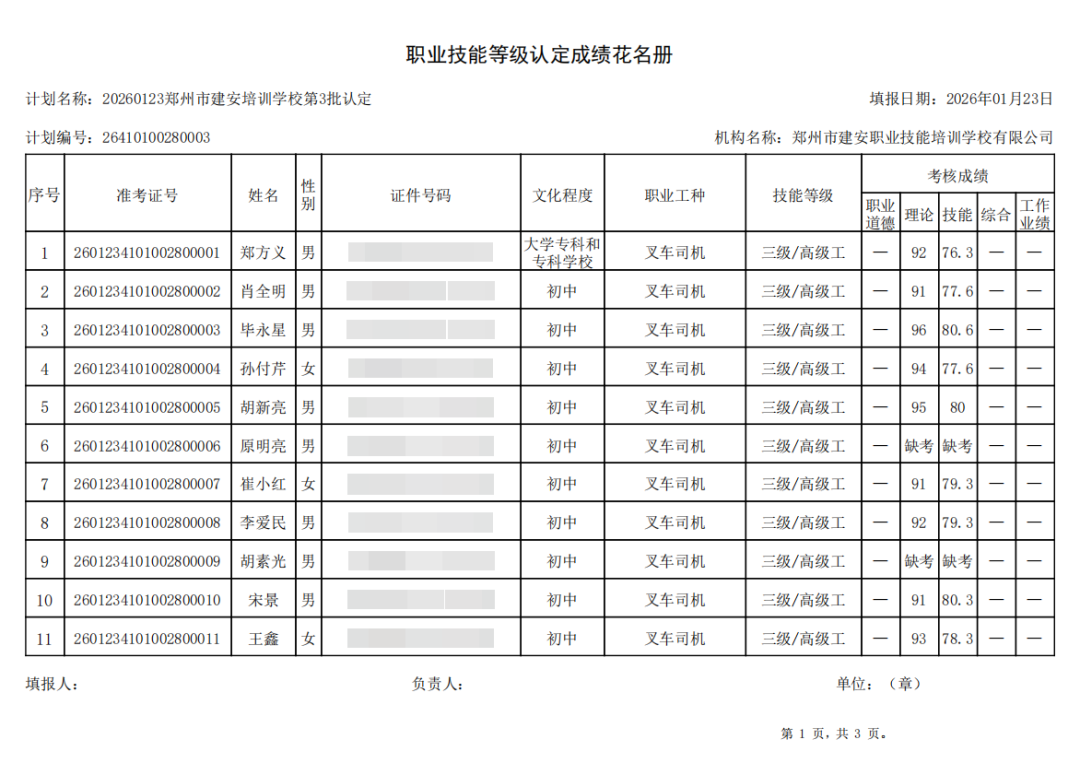 建安职业技能培训学校-2026年第3批职业技能等级认定考试成绩公示(图1)