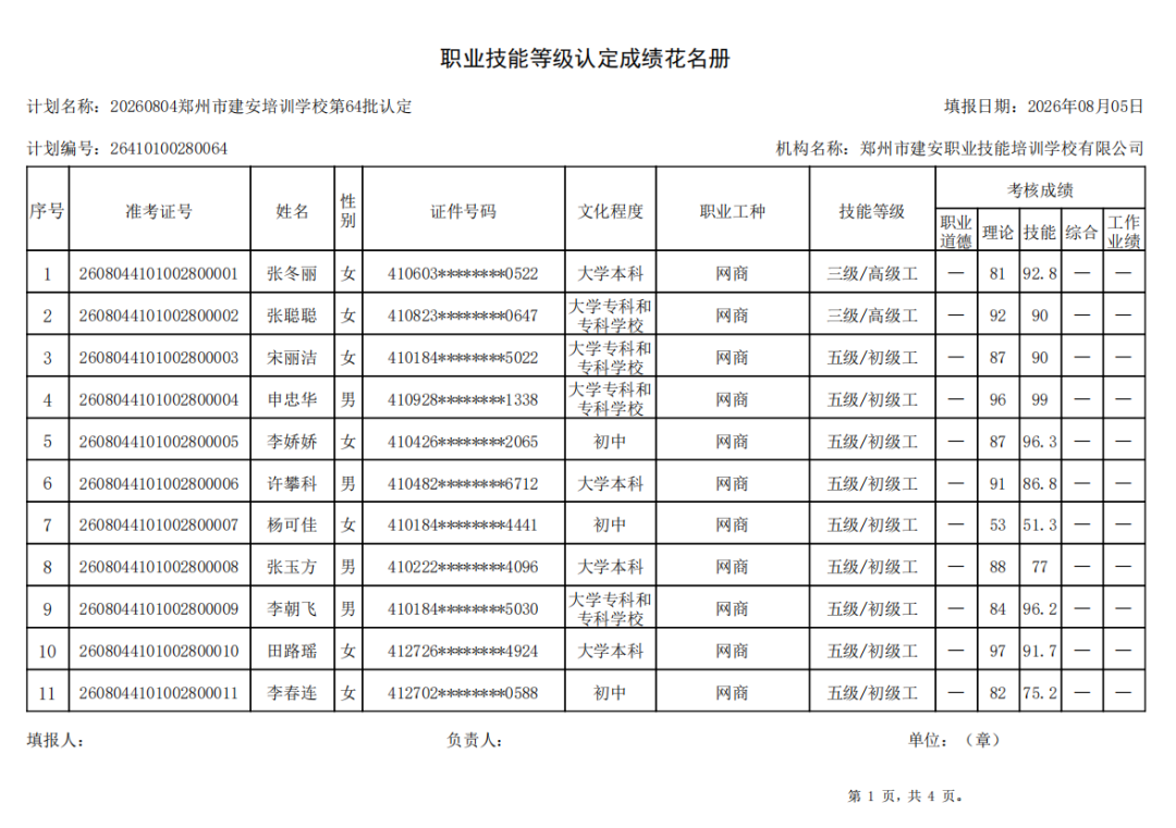 建安职业技能培训学校-2026年第64批职业技能等级认定考试成绩公示(图1)
