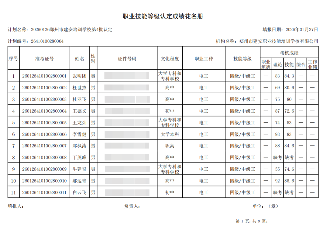 建安职业技能培训学校-2026年第4批职业技能等级认定考试成绩公示(图1)