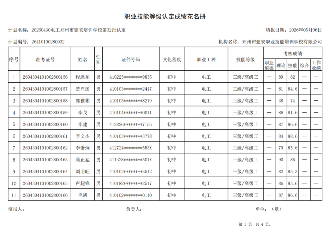 建安职业技能培训学校-2026年第32批职业技能等级认定考试成绩公示（图1）