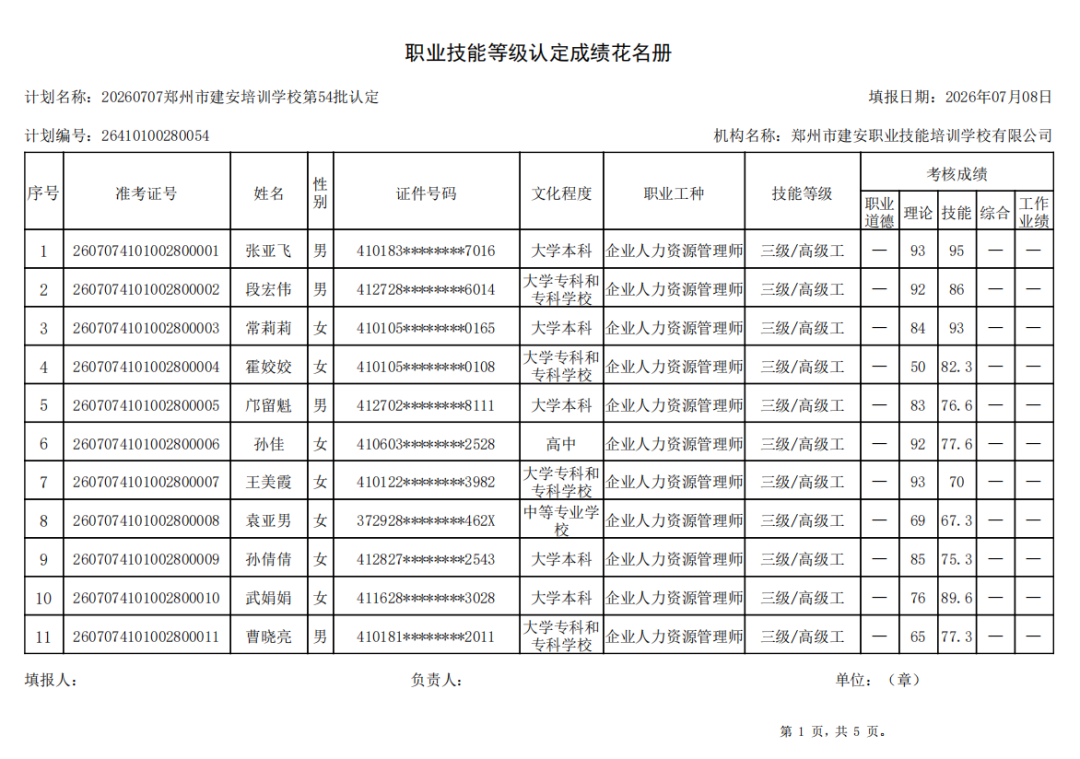 建安职业技能培训学校-2026年第54批职业技能等级认定考试成绩公示(图1)