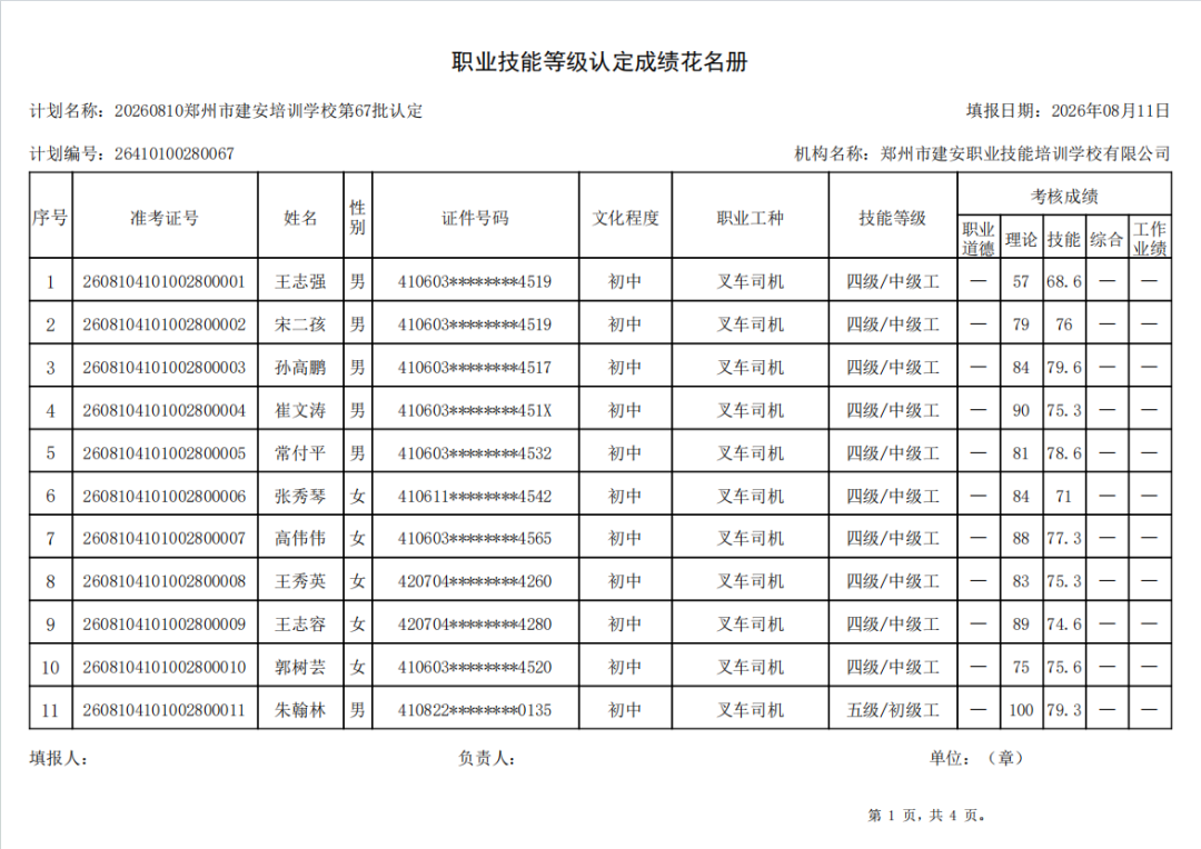 建安职业技能培训学校-2026年第67批职业技能等级认定考试成绩公示（图1）