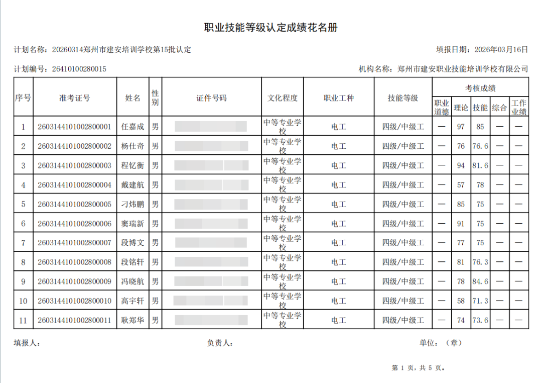 建安职业技能培训学校-2026年第15批职业技能等级认定考试成绩公示(图1)