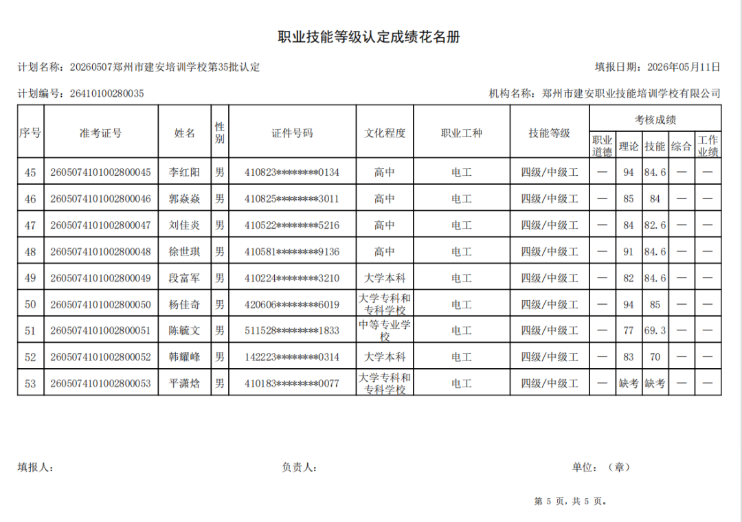 建安职业技能培训学校-2026年第35批职业技能等级认定考试成绩公示(图5)
