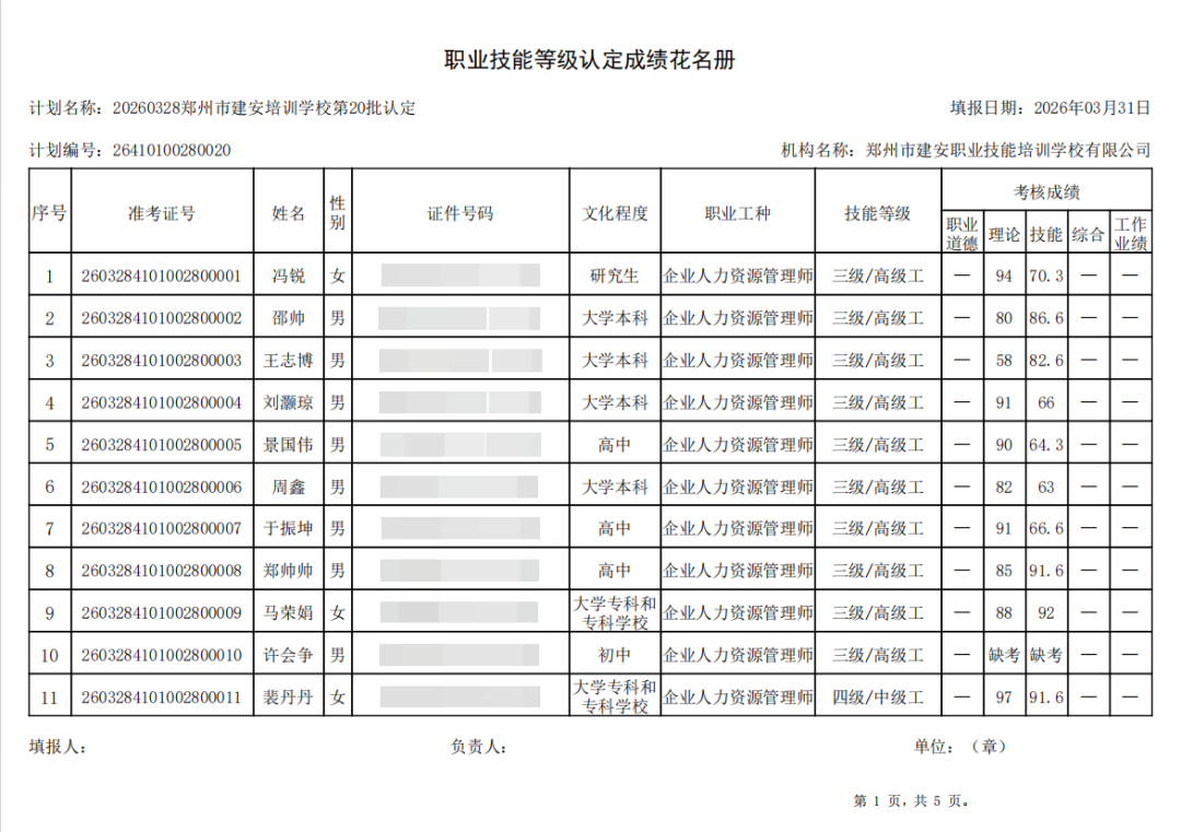 建安职业技能培训学校-2026年第20批职业技能等级认定考试成绩公示（图1）
