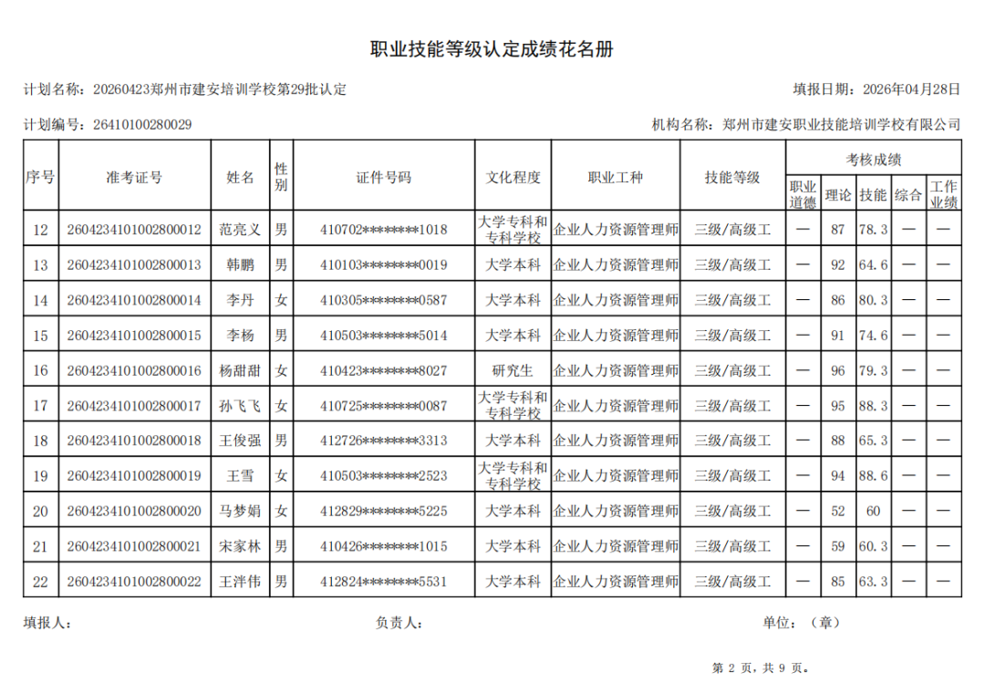 建安职业技能培训学校-2026年第29批职业技能等级认定考试成绩公示（图2）