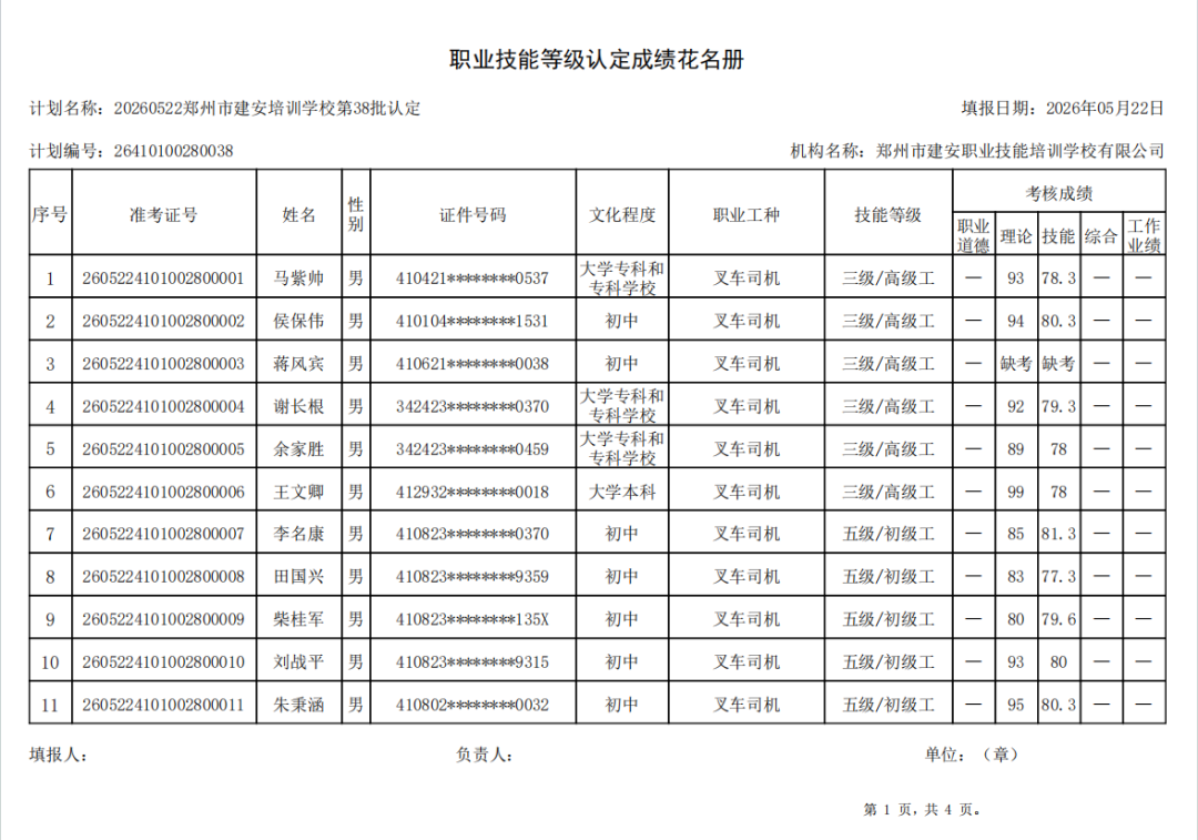 建安职业技能培训学校-2026年第38批职业技能等级认定考试成绩公示(图1)