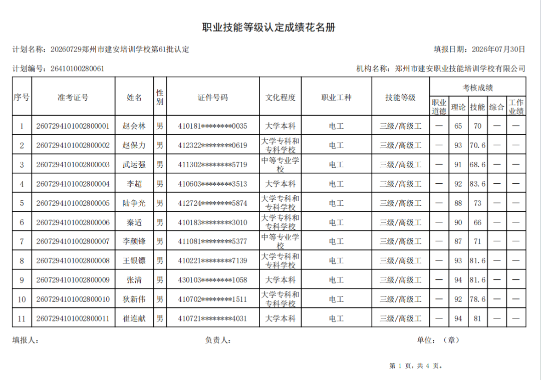 建安职业技能培训学校-2026年第61批职业技能等级认定考试成绩公示(图1)