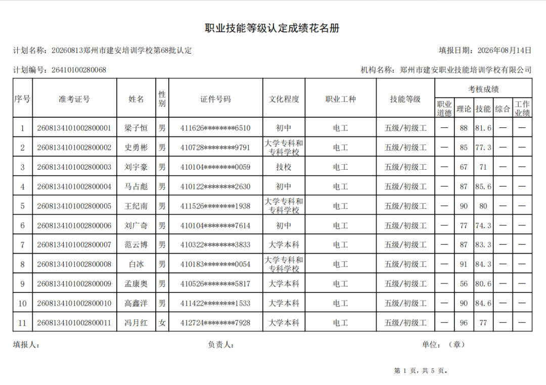 建安职业技能培训学校-2026年第68批职业技能等级认定考试成绩公示（图1）