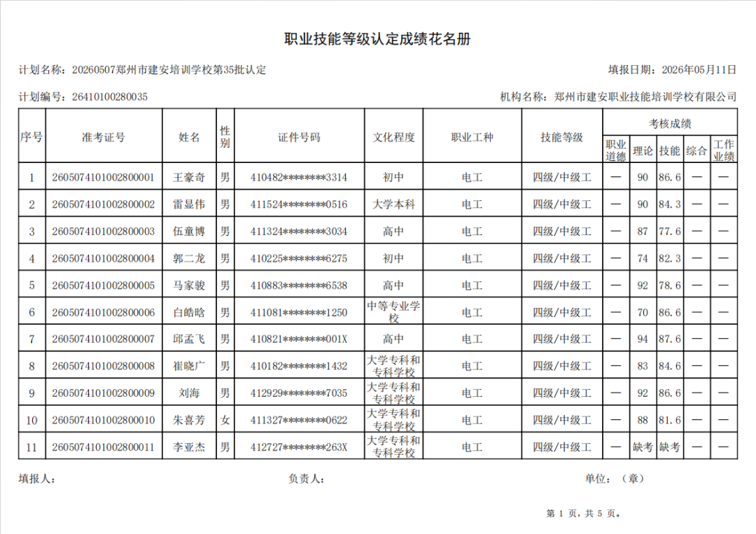建安职业技能培训学校-2026年第35批职业技能等级认定考试成绩公示(图1)