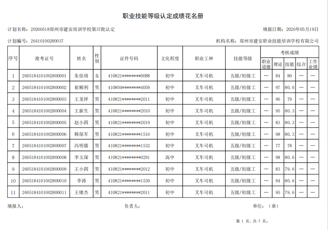建安职业技能培训学校-2026年第37批职业技能等级认定考试成绩公示（图1）